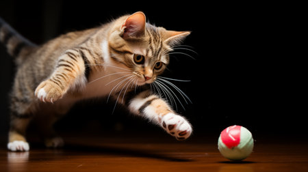 Cute tabby cat playing with a ball on a wooden floorの素材