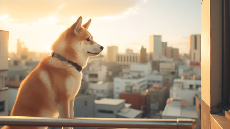 Shiba inu dog on the balcony with city view at sunsetの素材