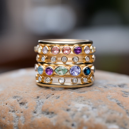Wedding rings with multicolored stones on the stone.の素材