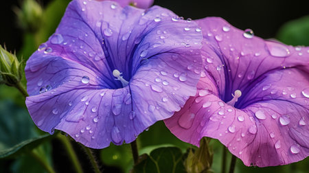 Close up of purple morning glory flower with water drops on petalsの素材