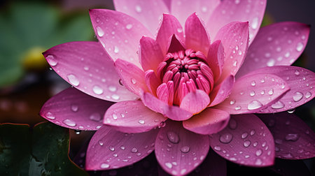 Pink lotus flower with water drops on the petals closeupの素材