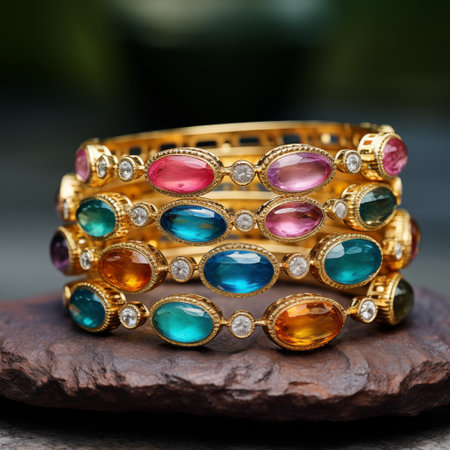 Beautiful gold bracelet with multicolored stones on a stone.の素材