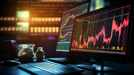 Stock market or forex trading graph and candlestick chart suitable for financial investment concept. Economy trends background for business idea and all art work design.の素材