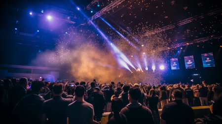 Crowd at a concert in front of a bright stage lights.の素材