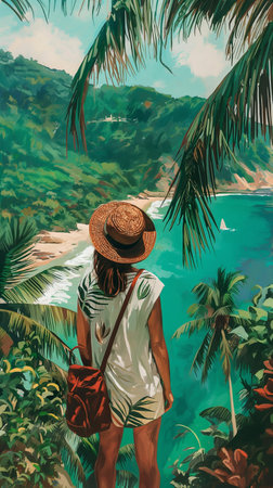 A girl in a hat and a swimsuit walks along the seashore among the palm trees. Digital paintingの素材