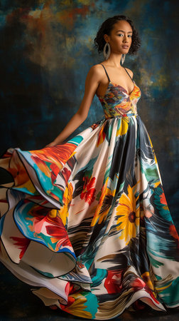 Beautiful african american woman in colorful dress, studio shotの素材