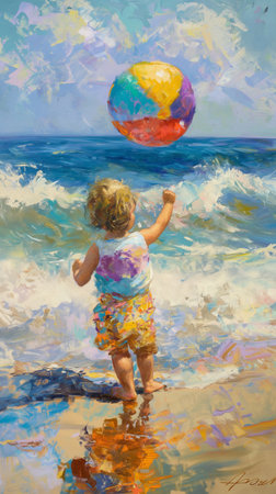 Little girl playing with a ball in the sea. Watercolor painting.の素材