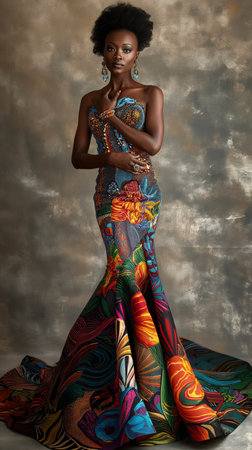Beautiful african american woman with afro hairstyle in colorful dressの素材