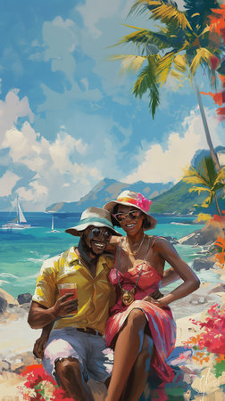 African American couple sitting on a rock by the sea with palm treesの素材