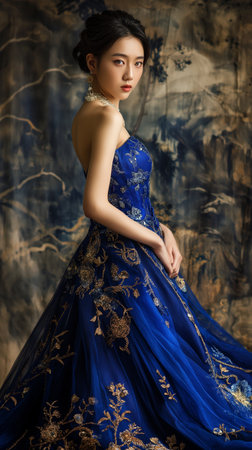 Portrait of a beautiful Asian woman in blue dress posing over vintage background.の素材