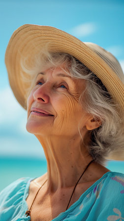 Portrait of a beautiful senior woman in hat on the beach.の素材