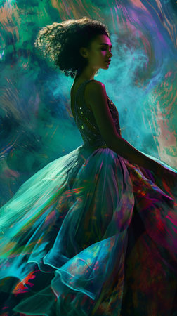 Fashion portrait of beautiful African American woman in colorful dressの素材