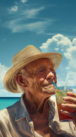 Senior man drinking a cocktail on the beach with blue sky and cloudsの素材
