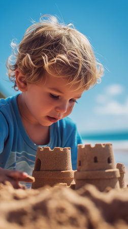 Cute little boy playing with sand and building sandcastle on beachの素材