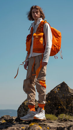Young woman with a backpack standing on the top of a mountain.の素材