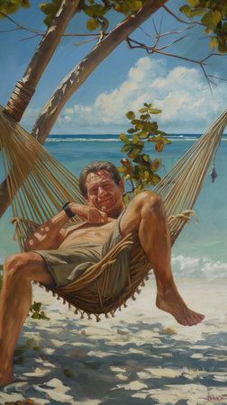 Old man relaxing in a hammock on a tropical beach in Cubaの素材