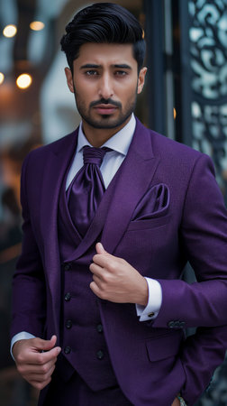 Portrait of a handsome young Indian man in purple suit.の素材