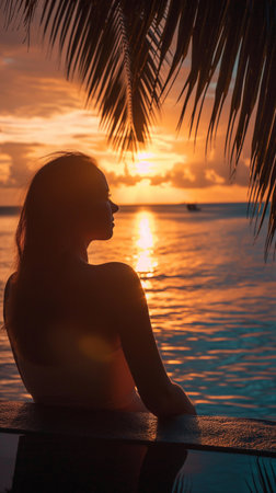 Silhouette of a beautiful woman relaxing in a swimming pool at sunsetの素材