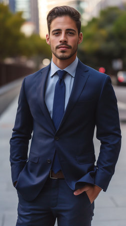 Portrait of a handsome young man in a blue suit on the streetの素材