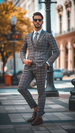 Handsome young man in suit and sunglasses is walking in the city.の素材