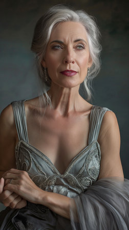 Portrait of a beautiful senior woman in gray dress. Studio shot.の素材