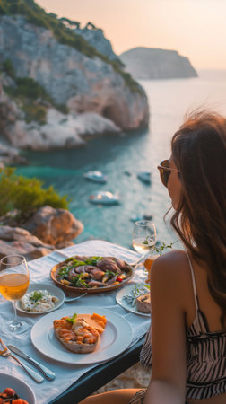 Beautiful young woman sitting at the table on the background of the seaの素材