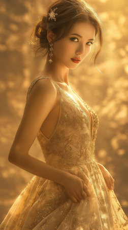 Portrait of a beautiful young woman in a golden dress. Beauty, fashion.の素材