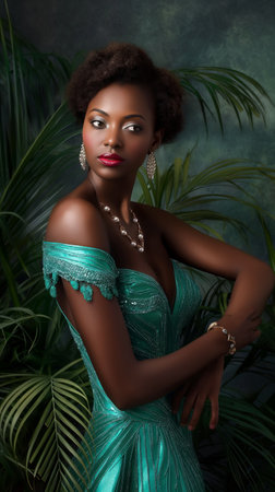 Beautiful african american woman in turquoise dress and jewelryの素材