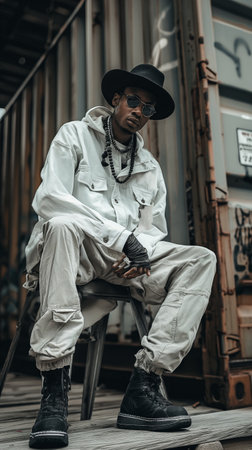 Handsome african american man in stylish clothes and hat sitting on chair outdoorsの素材