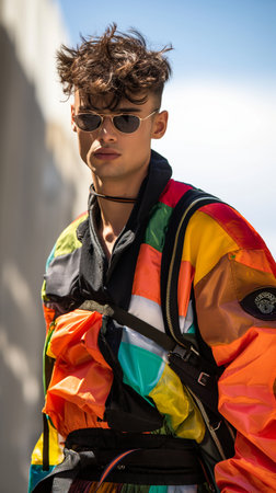 Portrait of a handsome young man with curly hair wearing colorful clothesの素材