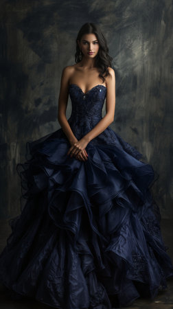 Beautiful brunette woman in a long blue dress. Studio shot.の素材