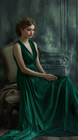 Portrait of a beautiful young woman in a green evening dress. Vintage interior.の素材