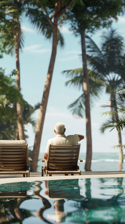 Relaxing by the pool. A man sitting in a chaise lounges on the beachの素材