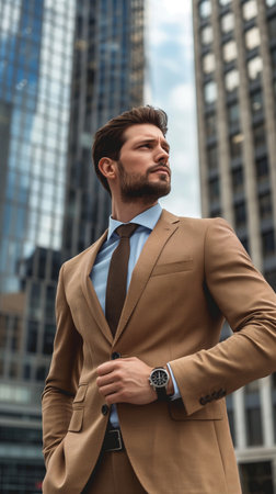 handsome young businessman in beige suit looking away while standing in cityの素材