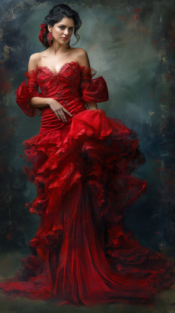 Portrait of a beautiful girl in a red dress on a dark backgroundの素材