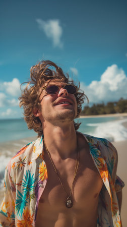 Handsome young man with sunglasses on the beach at Maldivesの素材