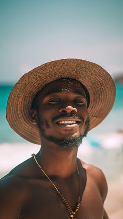 Portrait of smiling African American man in straw hat on the beachの素材