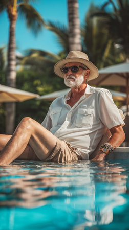 Portrait of a senior man relaxing in swimming pool at luxury resortの素材
