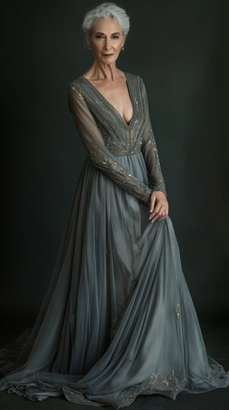 elegant woman in a long gray dress on a dark backgroundの素材