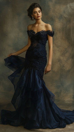 Portrait of a beautiful young woman in a blue evening dress.の素材
