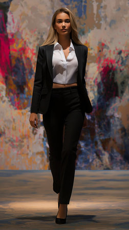 Fashionable young woman in a black suit posing on a colorful backgroundの素材