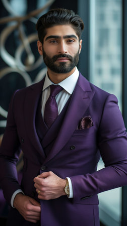 portrait of handsome bearded businessman in violet suit looking at camera in officeの素材