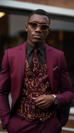 Stylish african american man in suit and sunglasses posing outdoorの素材