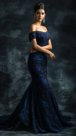Beautiful brunette woman in blue evening dress. Studio shot.の素材