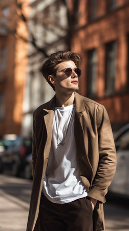 handsome young man in sunglasses and beige coat walking on streetの素材