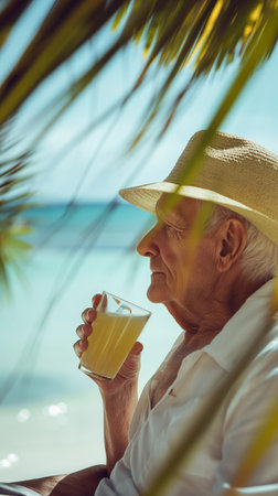 Senior man drinking a glass of orange juice on a tropical beach.の素材