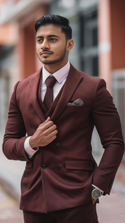 handsome young Indian man in burgundy suit walking on streetの素材