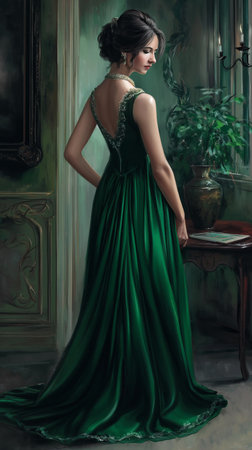 Beautiful young woman in a long green dress in the interior.の素材