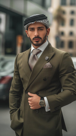 Handsome arabian man in suit and scarf walking outdoorsの素材