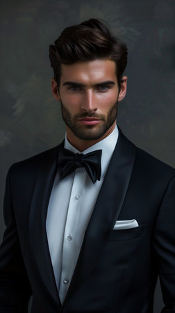 Portrait of handsome young man in tuxedo. Men's beauty, fashion.の素材